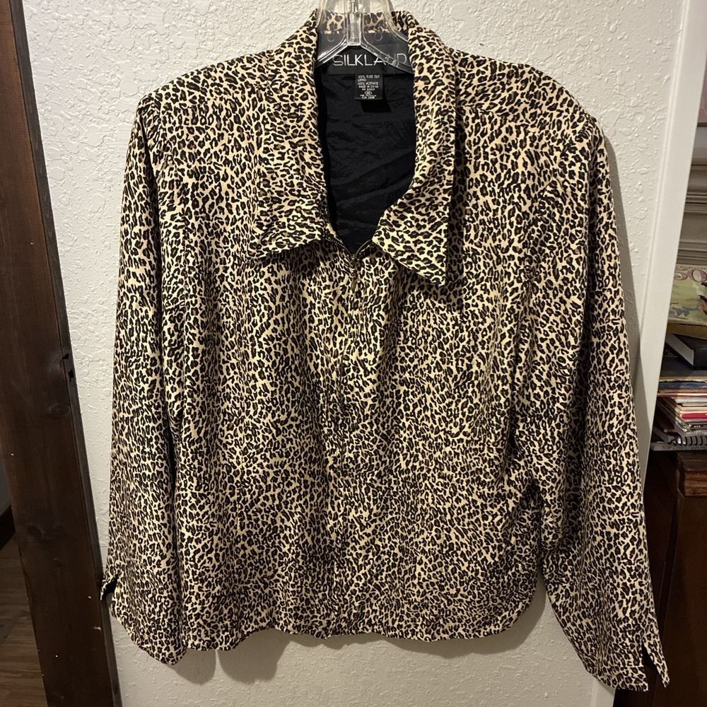 Silkland Zippered Gold Black Animal Print Lined Jacket 100% Pure Silk Size 16